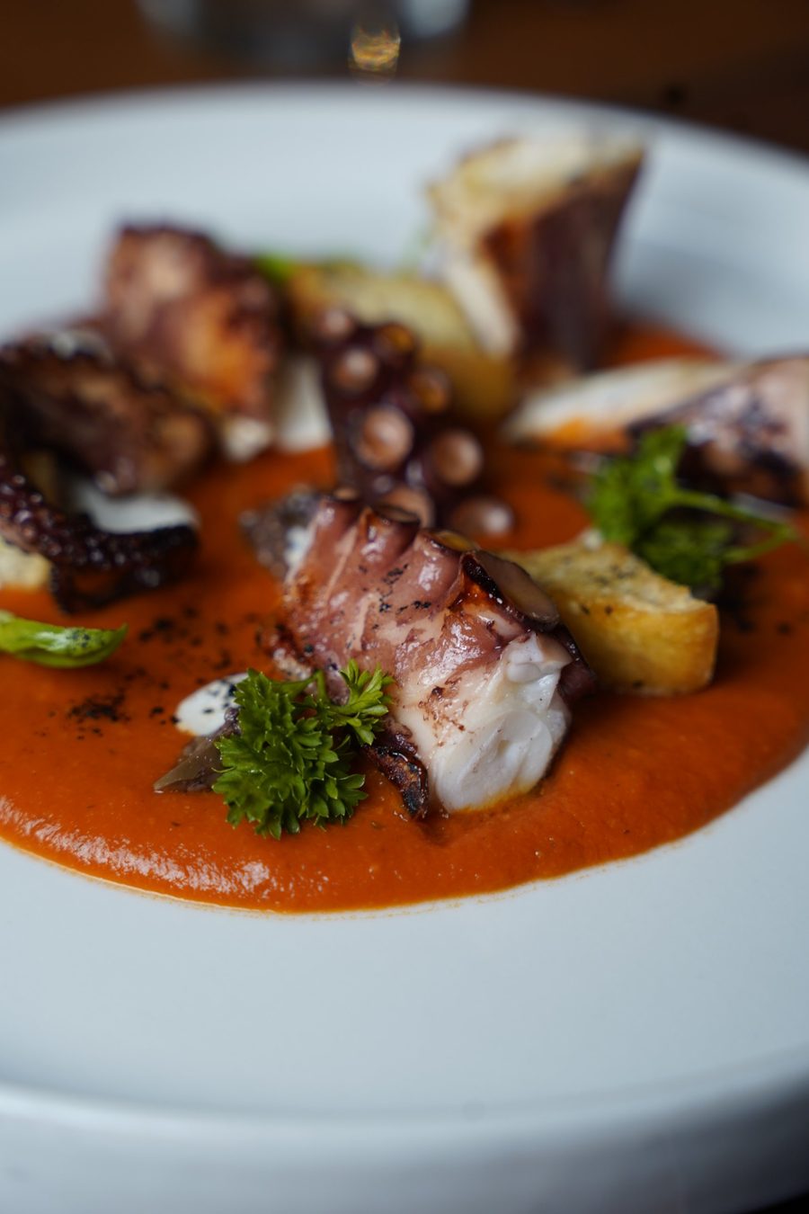 Dettaglio ravvicinato di un tentacolo di polpo arrostito con prezzemolo e crostini sulla crema di peperoni